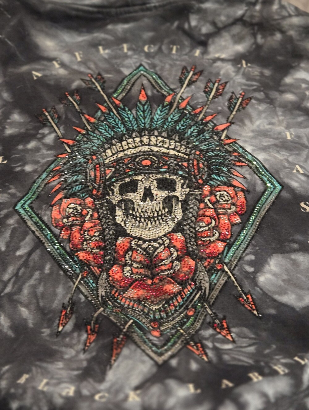 Affliction Men's Black Tee with Teal and Red Skull Headdress Print